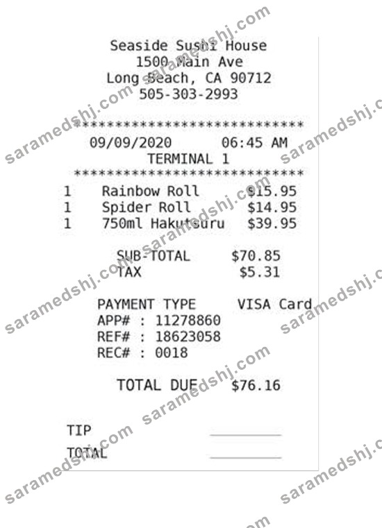 SEASIDE SUSHI HOUSE payment receipt